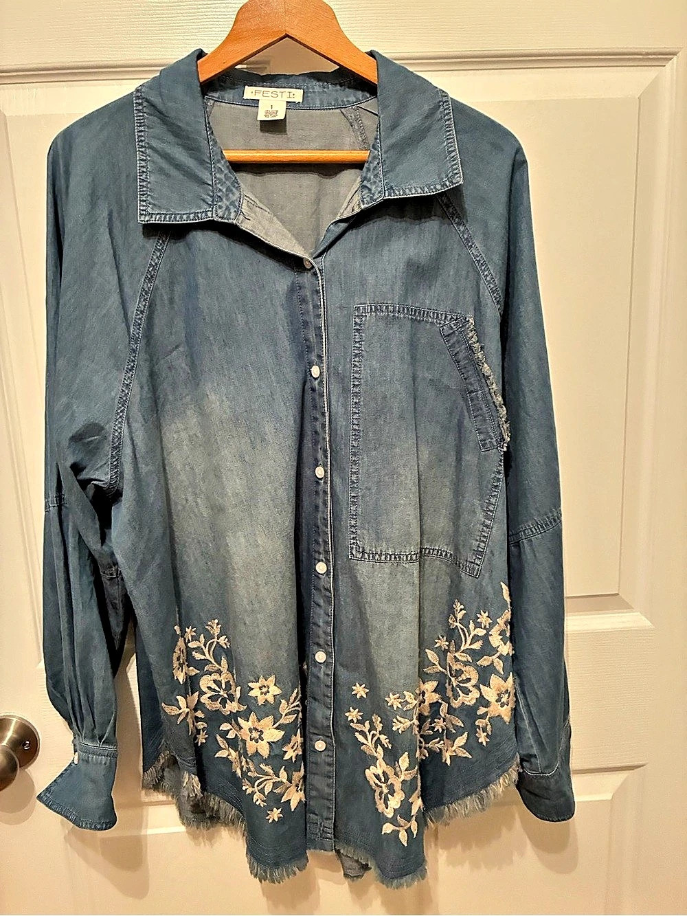 Just USA Boho Embroidered Denim Shirt/Jacket Like New. Denim with embroidered fl